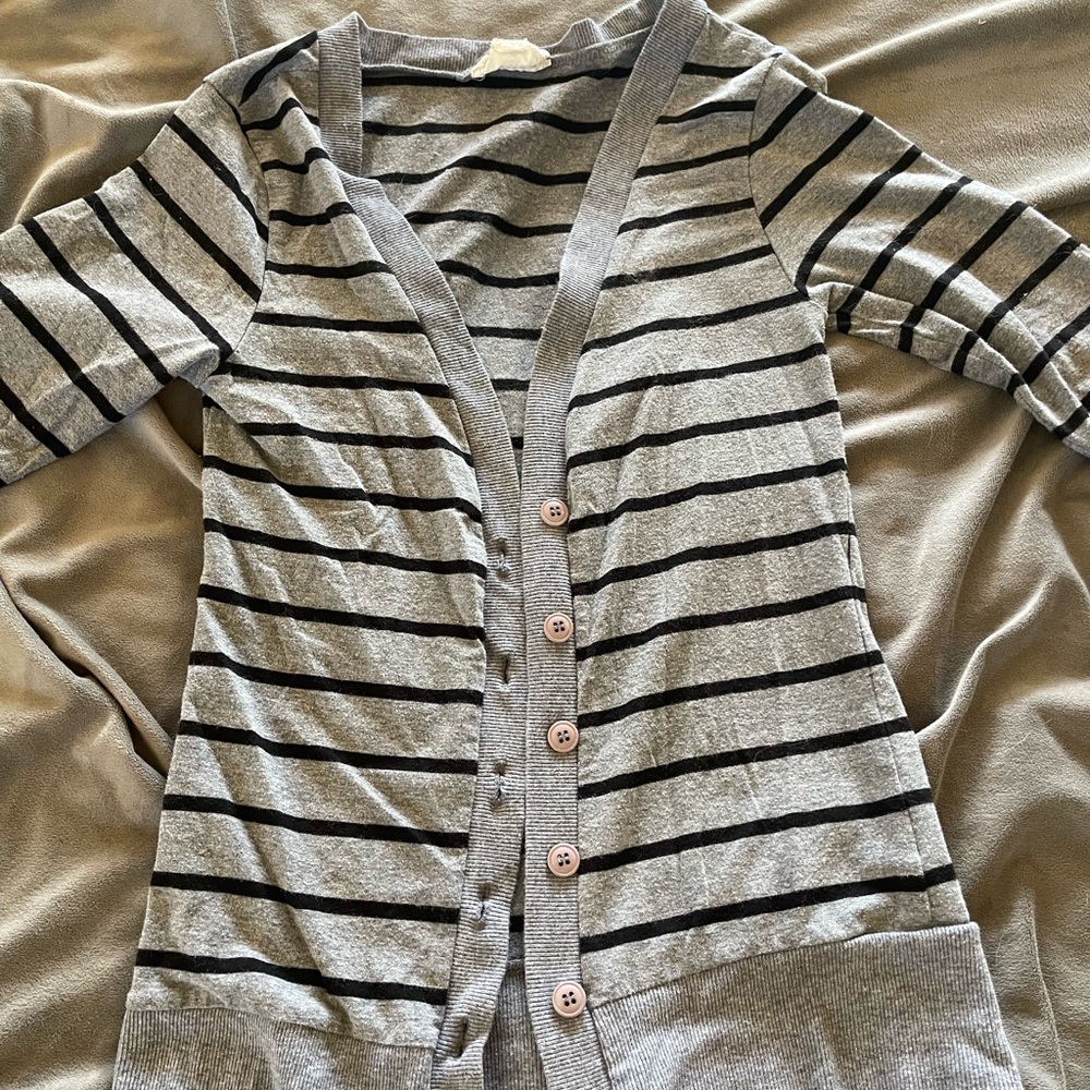 Derek heart button up gray and black striped cardigan